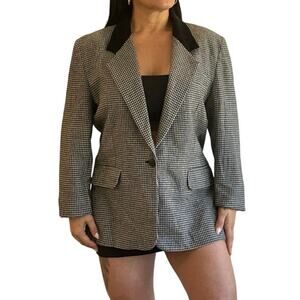 Houndstooth Blazer Wool Blend Black Velvet Collar Vintage Academia Style USA 16